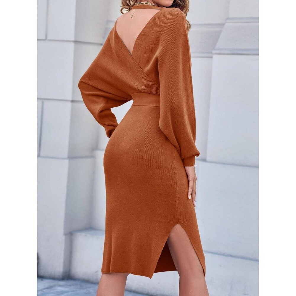 Women's Sweater Dress Wrap Batwing V Neck Slit Bodycon Dress with Belt Rust - Picture 4 of 6